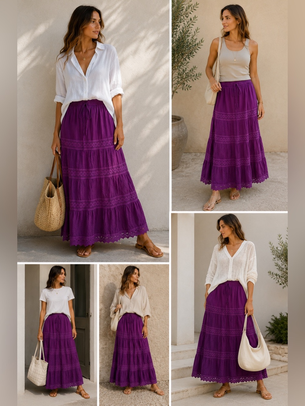 Rene Margo Purple Cotton Lace Boho Maxi Skirt Women’s Size L NWT Elastic Waist